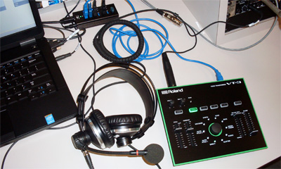 The Roland VT-3 Voice Transformer with AKG HSC-171 headset hooked up to a computer in the control room The Roland VT-3 Voice Transformer with AKG HSC-171 headset